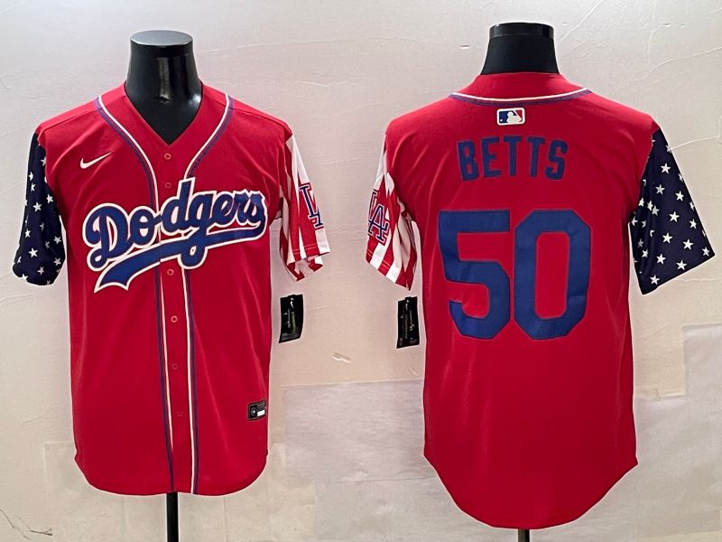Men Los Angeles Dodgers #50 Betts Red a generation of national flags Joint name 2025 Nike MLB Jersey style 1